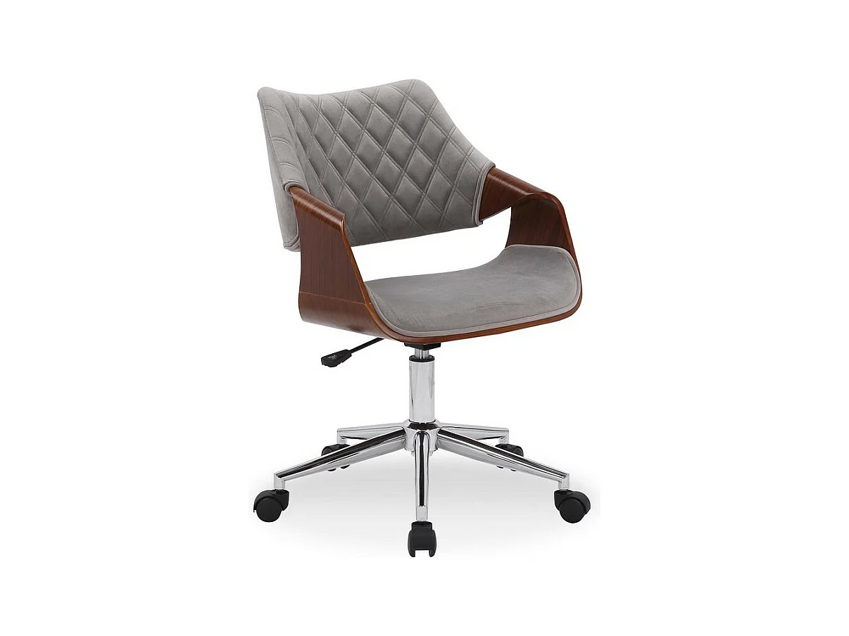 Chaise de bureau en velours gris et aspect noyer avec roulettes STRANGER