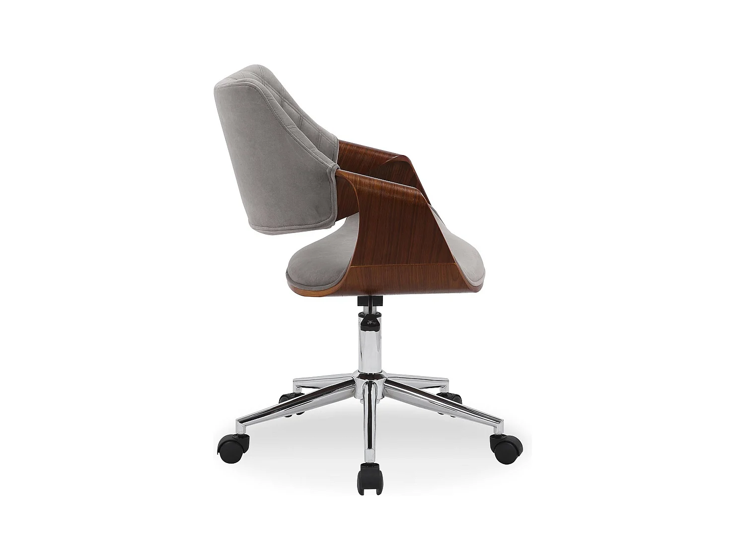 Chaise de bureau en velours gris et aspect noyer avec roulettes STRANGER