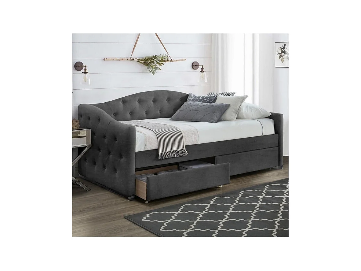 Lit 90 x 200 en velours gris capitonné avec tiroirs de rangement Corfu - 2 matelas (198€)