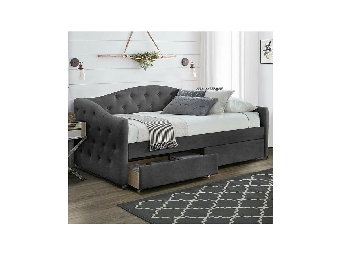 Lit 90 x 200 en velours gris capitonné avec tiroirs de rangement Corfu - Sans matelas