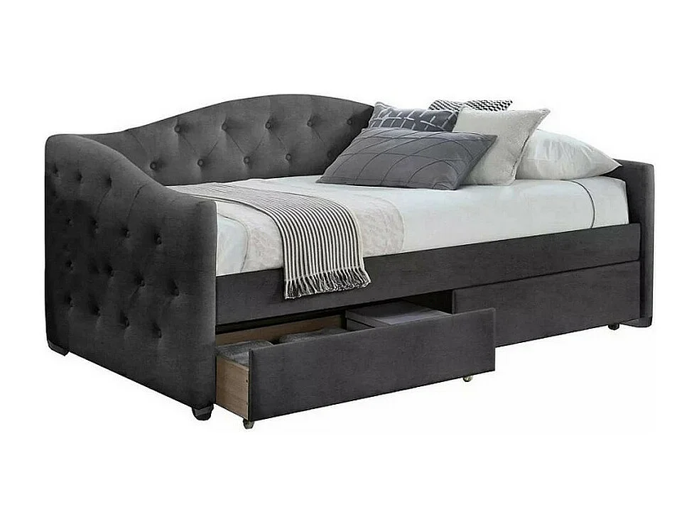 Lit 90 x 200 en velours gris capitonné avec tiroirs de rangement Corfu - Sans matelas