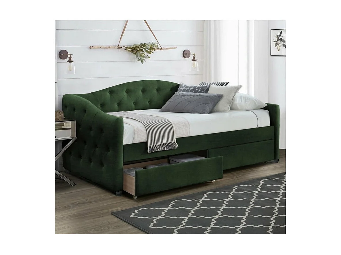 Lit 90 x 200 en velours vert foncé capitonné avec tiroirs de rangement Corfu - 2 matelas (198€)
