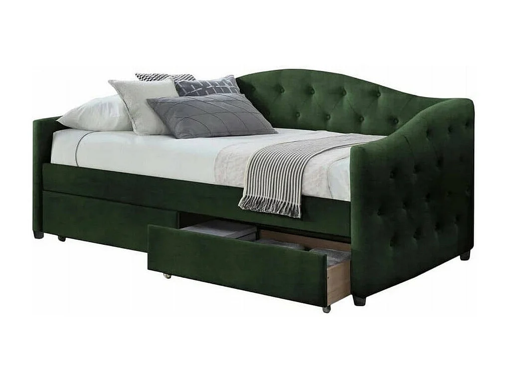 Lit 90 x 200 en velours vert foncé capitonné avec tiroirs de rangement Corfu - 2 matelas (198€)
