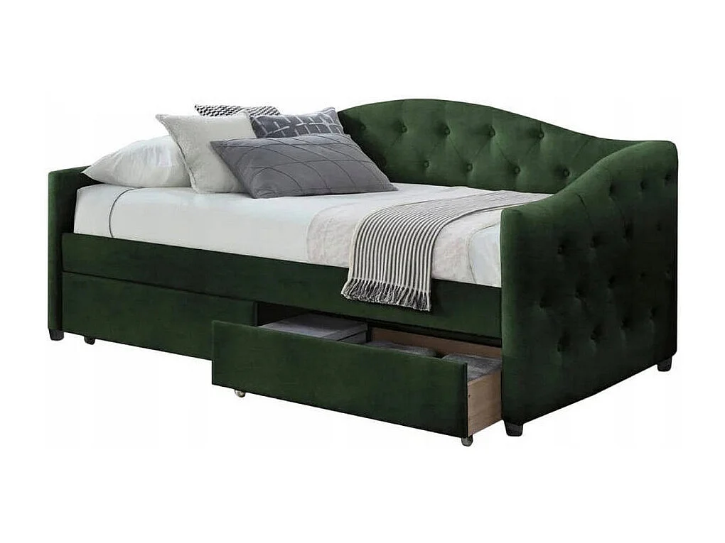 Lit 90 x 200 en velours vert foncé capitonné avec tiroirs de rangement Corfu - 2 matelas (198€)