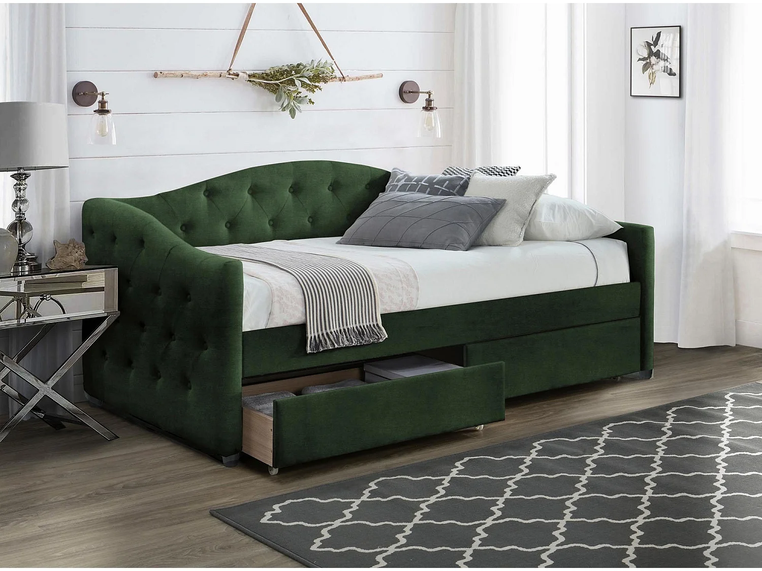Lit 90 x 200 en velours vert foncé capitonné avec tiroirs de rangement Corfu - 2 matelas (198€)