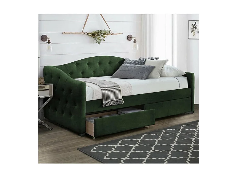 Lit 90 x 200 en velours vert foncé capitonné avec tiroirs de rangement Corfu - 2 matelas (198€)