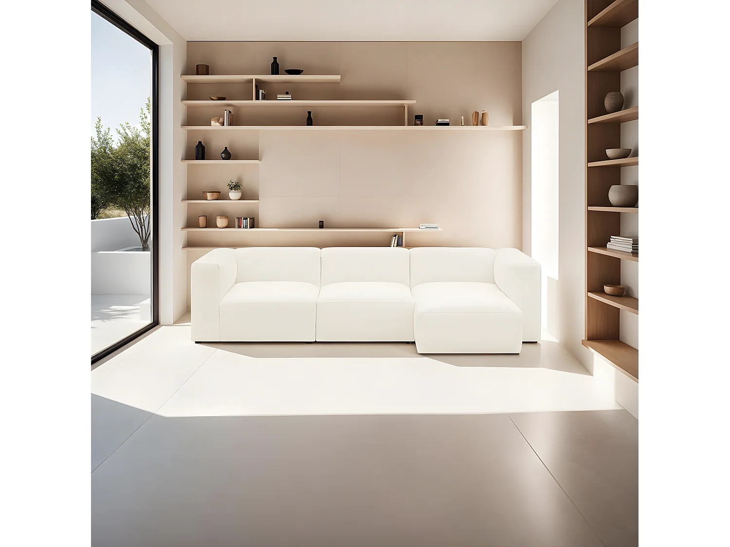 Canapé d'angle à droite modulable avec méridienne 4 places en tissu bouclé beige - Modulo