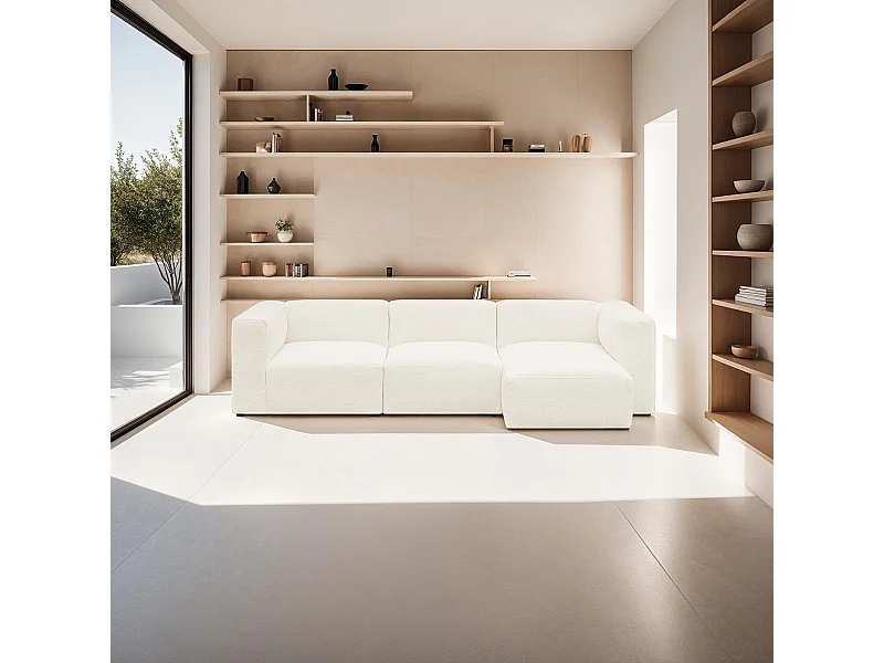 Canapé d'angle à droite modulable avec méridienne 4 places en tissu bouclé beige - Modulo