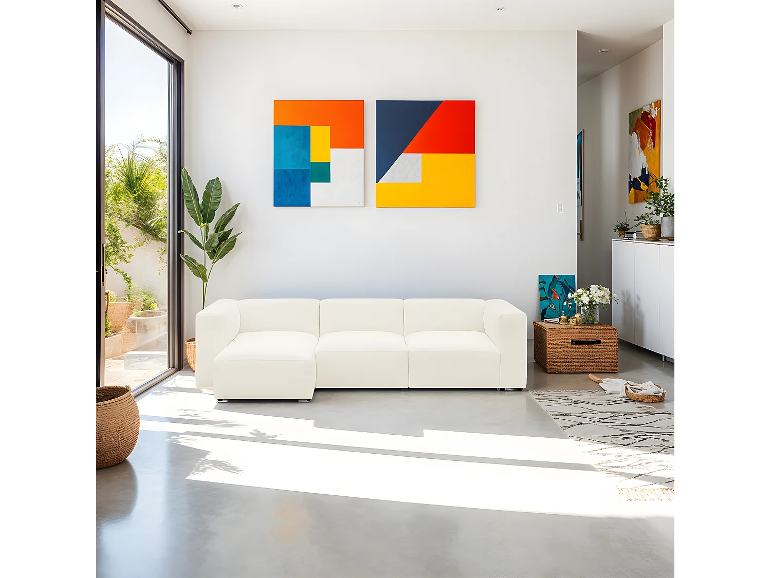 Canapé d'angle à gauche modulable avec méridienne 4 places en tissu bouclé beige - Modulo