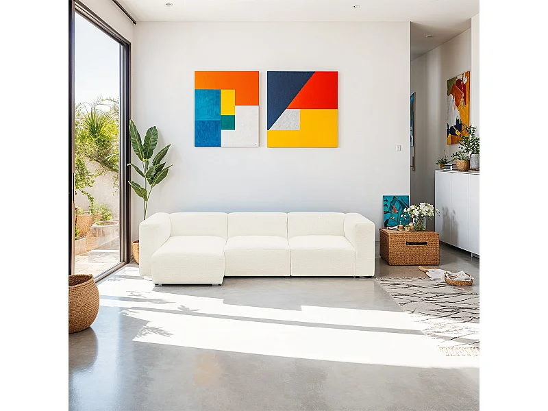 Canapé d'angle à gauche modulable avec méridienne 4 places en tissu bouclé beige - Modulo