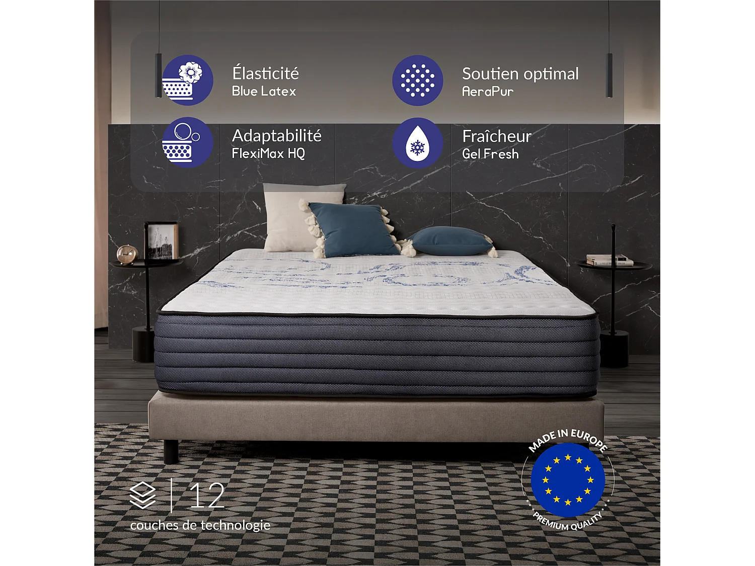 Naturalex - Matelas Perfectsleep 160x200 cm - Mousse HR - Accueil Blue Latex - Très épais 30 cm, Mémoire de forme, Confortable, Face été, hiver - Antibactérien