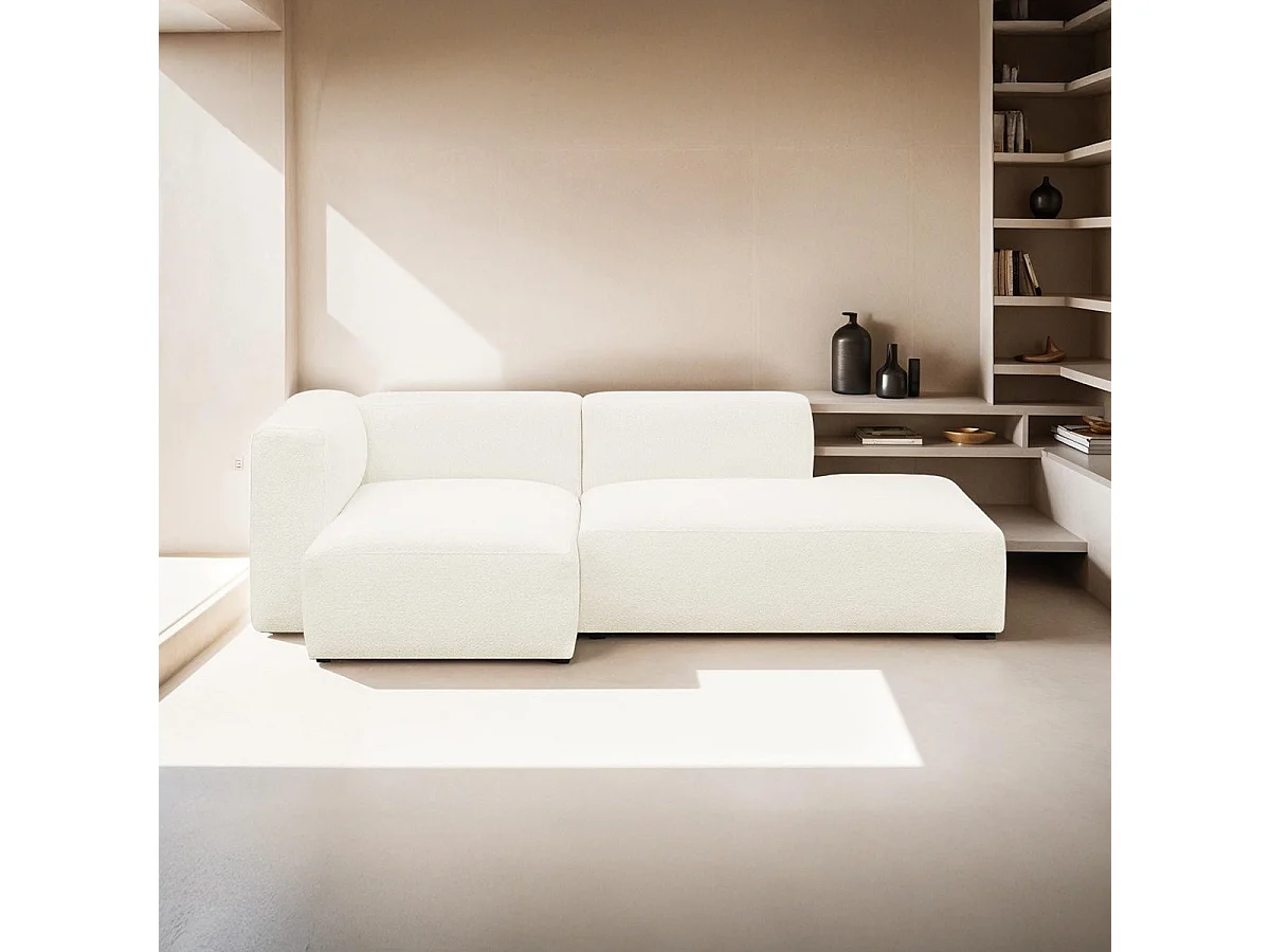 Canapé d'angle à gauche modulable avec méridienne 3/4 places en tissu bouclé beige - Modulo