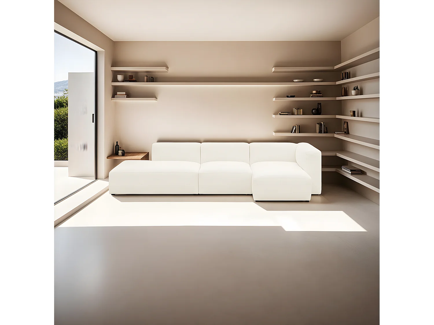 Canapé d'angle à droite modulable avec méridienne 5 places en tissu bouclé beige - Modulo