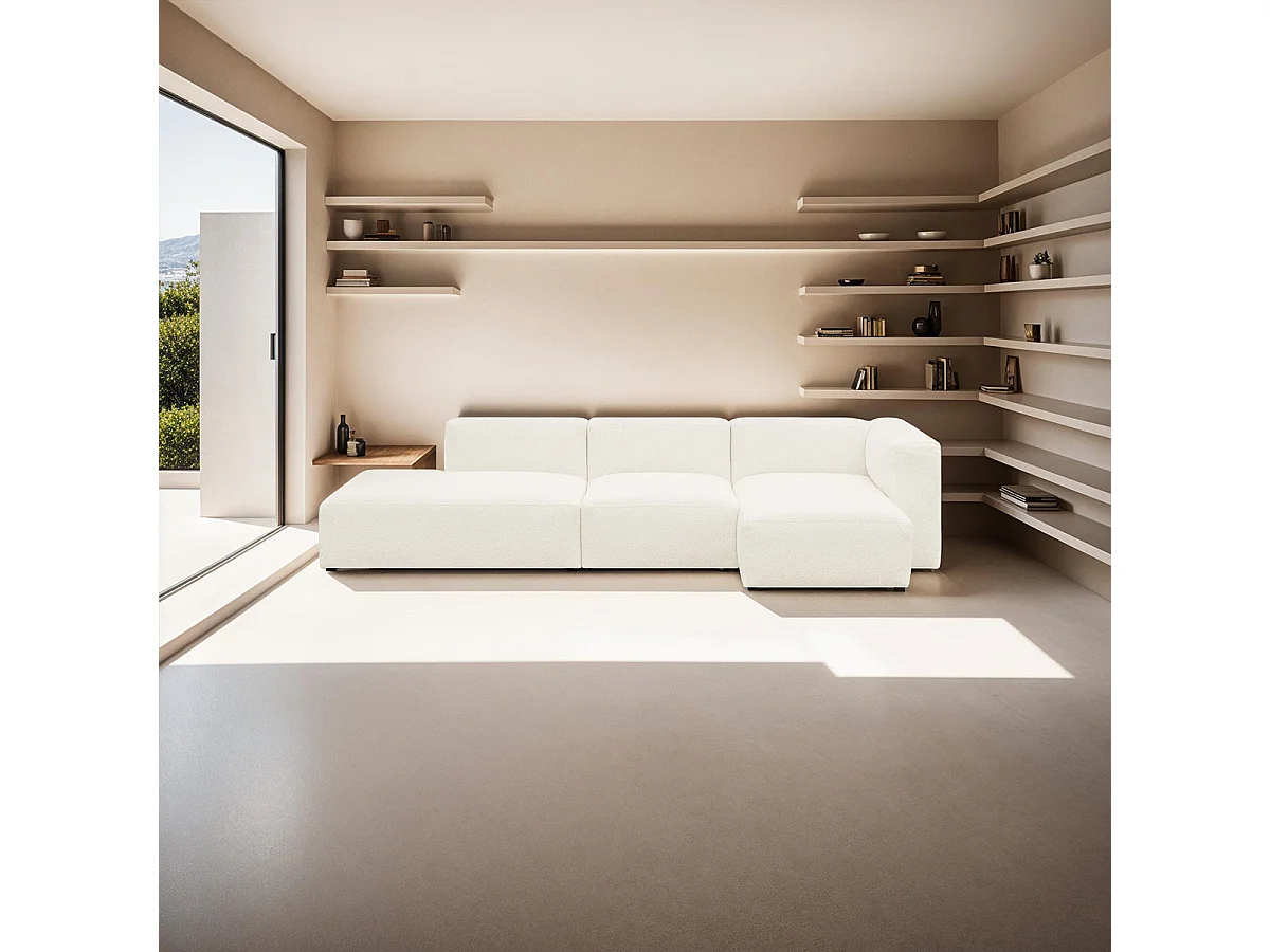 Canapé d'angle à droite modulable avec méridienne 5 places en tissu bouclé beige - Modulo