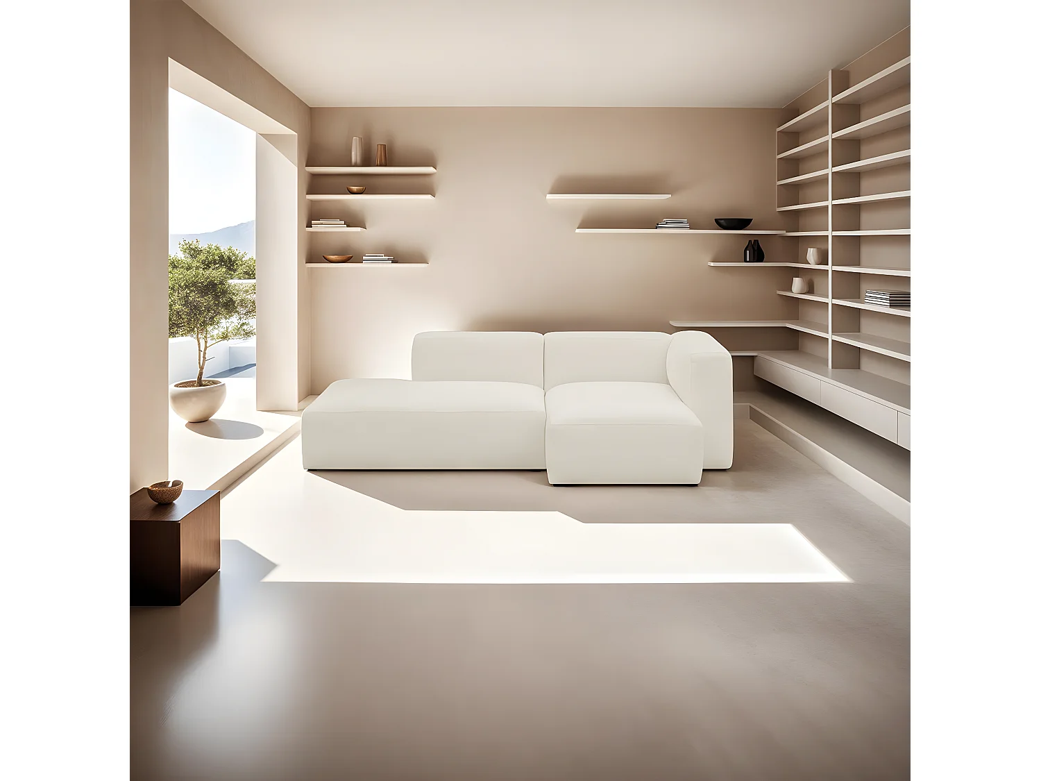 Canapé d'angle à droite modulable avec méridienne 3/4 places en tissu bouclé beige - Modulo