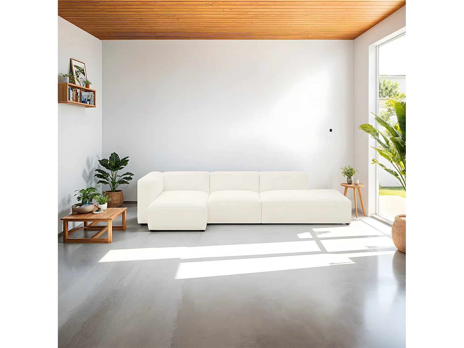 Canapé d'angle à gauche modulable avec méridienne 5 places en tissu bouclé beige - Modulo