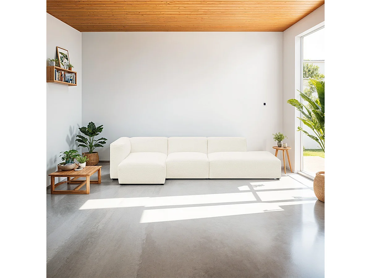 Canapé d'angle à gauche modulable avec méridienne 5 places en tissu bouclé beige - Modulo