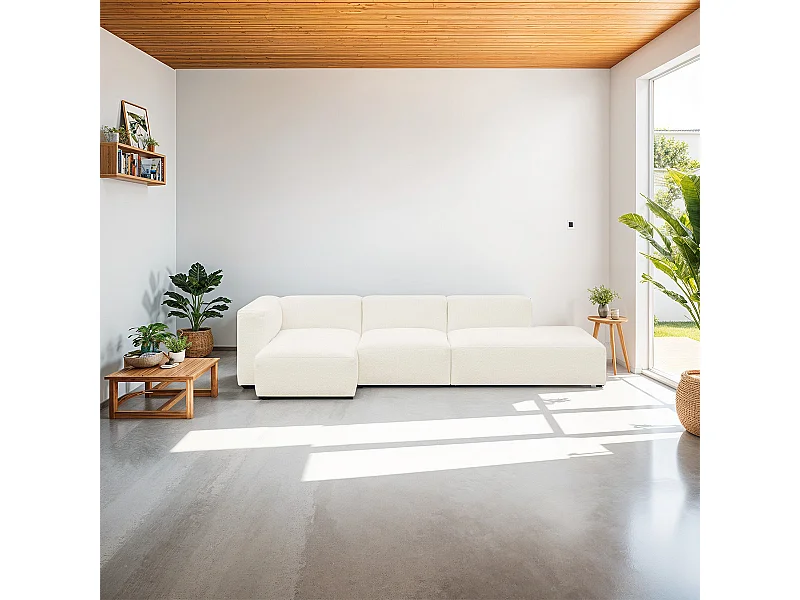 Canapé d'angle à gauche modulable avec méridienne 5 places en tissu bouclé beige - Modulo