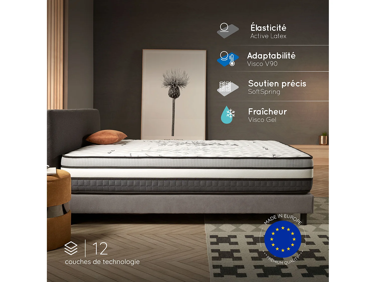Cosmos - Matelas Solar à ressorts ensachés 180x200  cm - Épais 24 cm - Visco Thermorégulateur - Tissu Premium - Haute Qualité - Respirabilité optimale