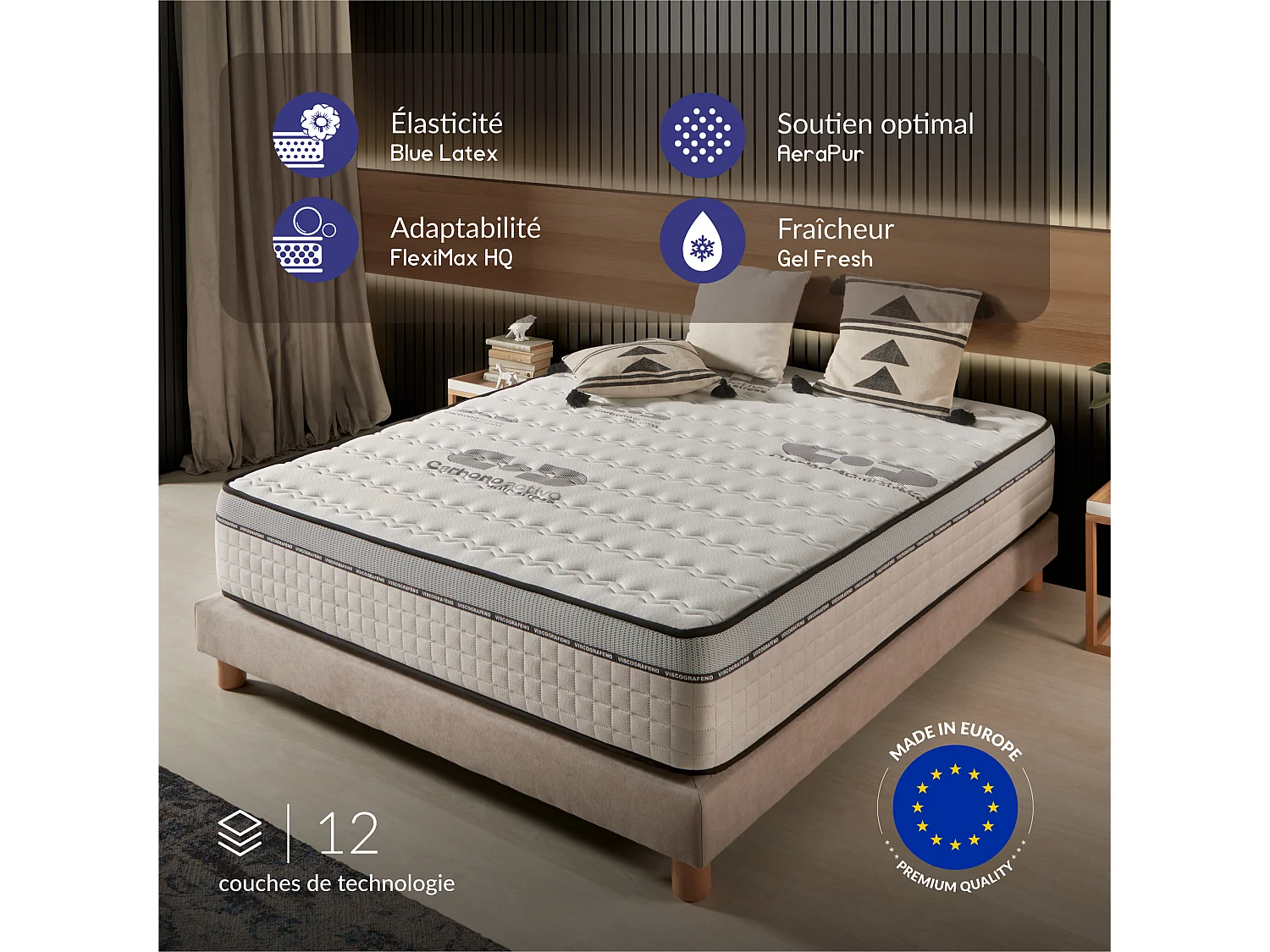 Naturalex - Matelas Visco-carbone 180x200 cm - Mousse HR - Soutien Blue Latex - Très Épais 30 cm, Mémoire de forme, 7 zones, Antistress - Réversible été, hiver