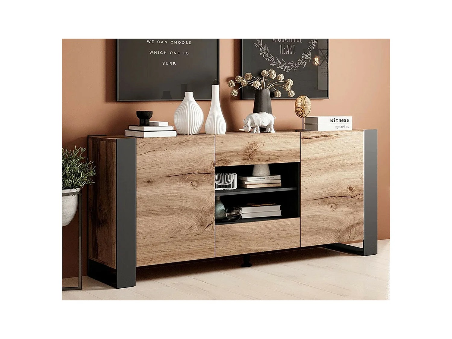 Buffet 2 Portes 2 Tiroirs 2 Niches Décor Bois et Noir L164cm - VLAD