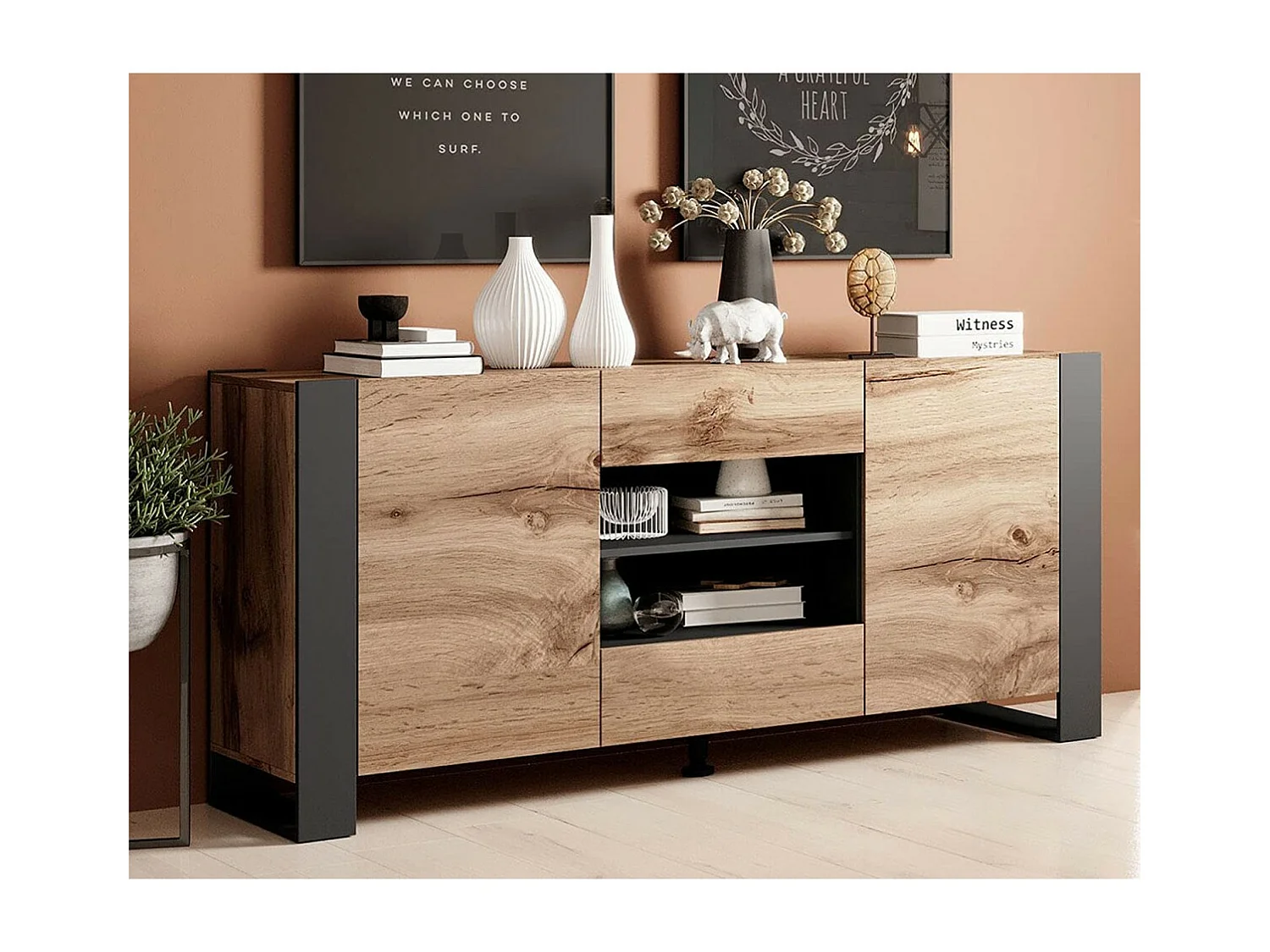 Buffet 2 Portes 2 Tiroirs 2 Niches Décor Bois et Noir L164cm - VLAD