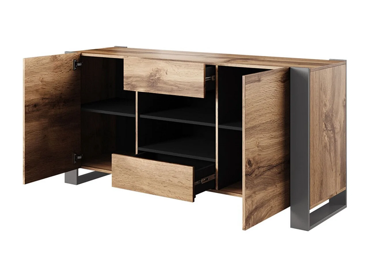 Buffet 2 Portes 2 Tiroirs 2 Niches Décor Bois et Noir L164cm - VLAD