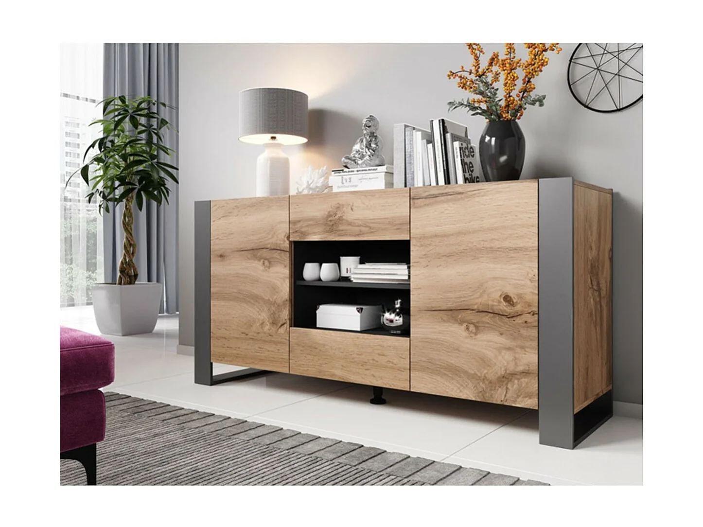 Buffet 2 Portes 2 Tiroirs 2 Niches Décor Bois et Noir L164cm - VLAD