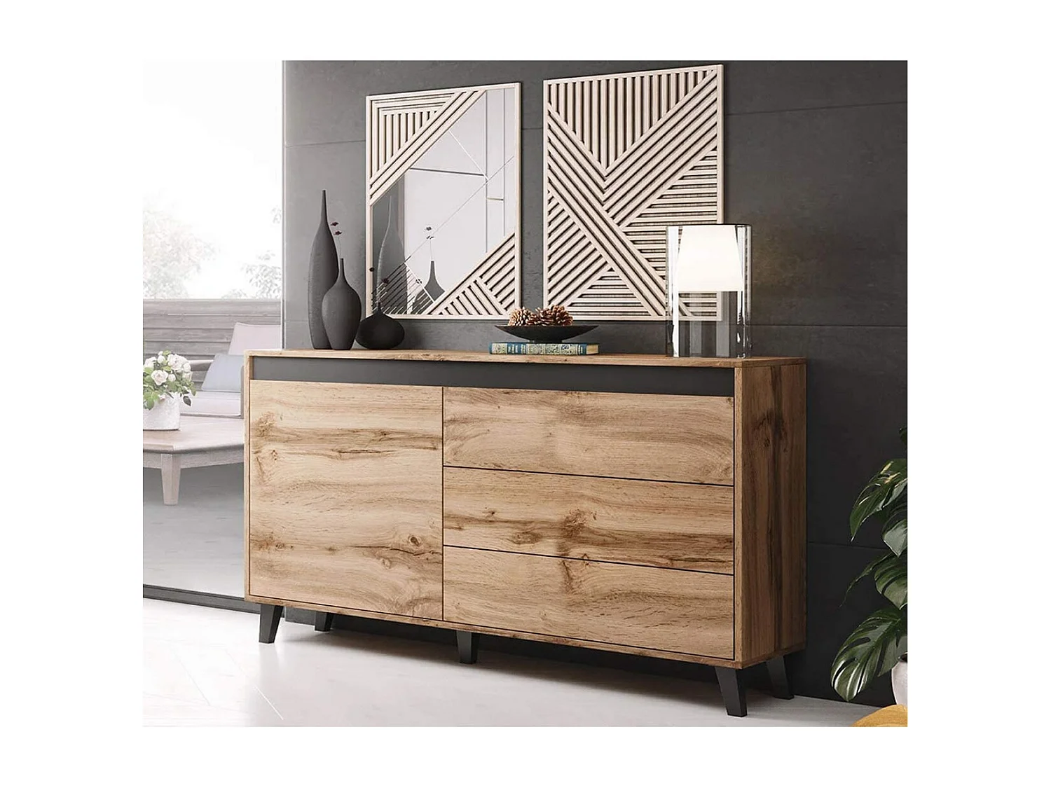 Cómoda Melevara 100, Roble wotan|Antracita, Con cajones y puertas, Número de cajones: 3,