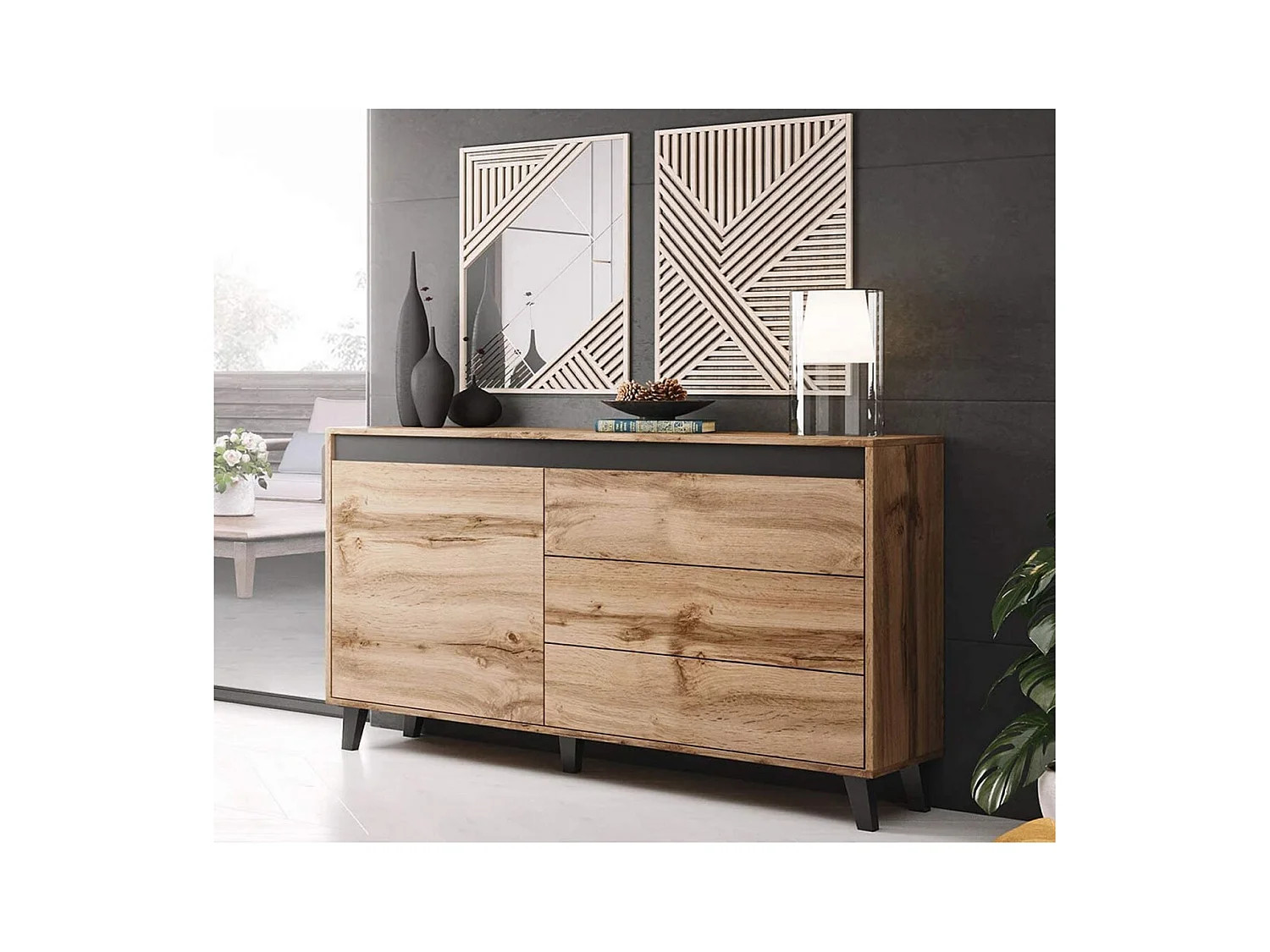 Buffet 1 Porte et 3 Tiroirs Décor Bois et Noir L138cm - MILOR
