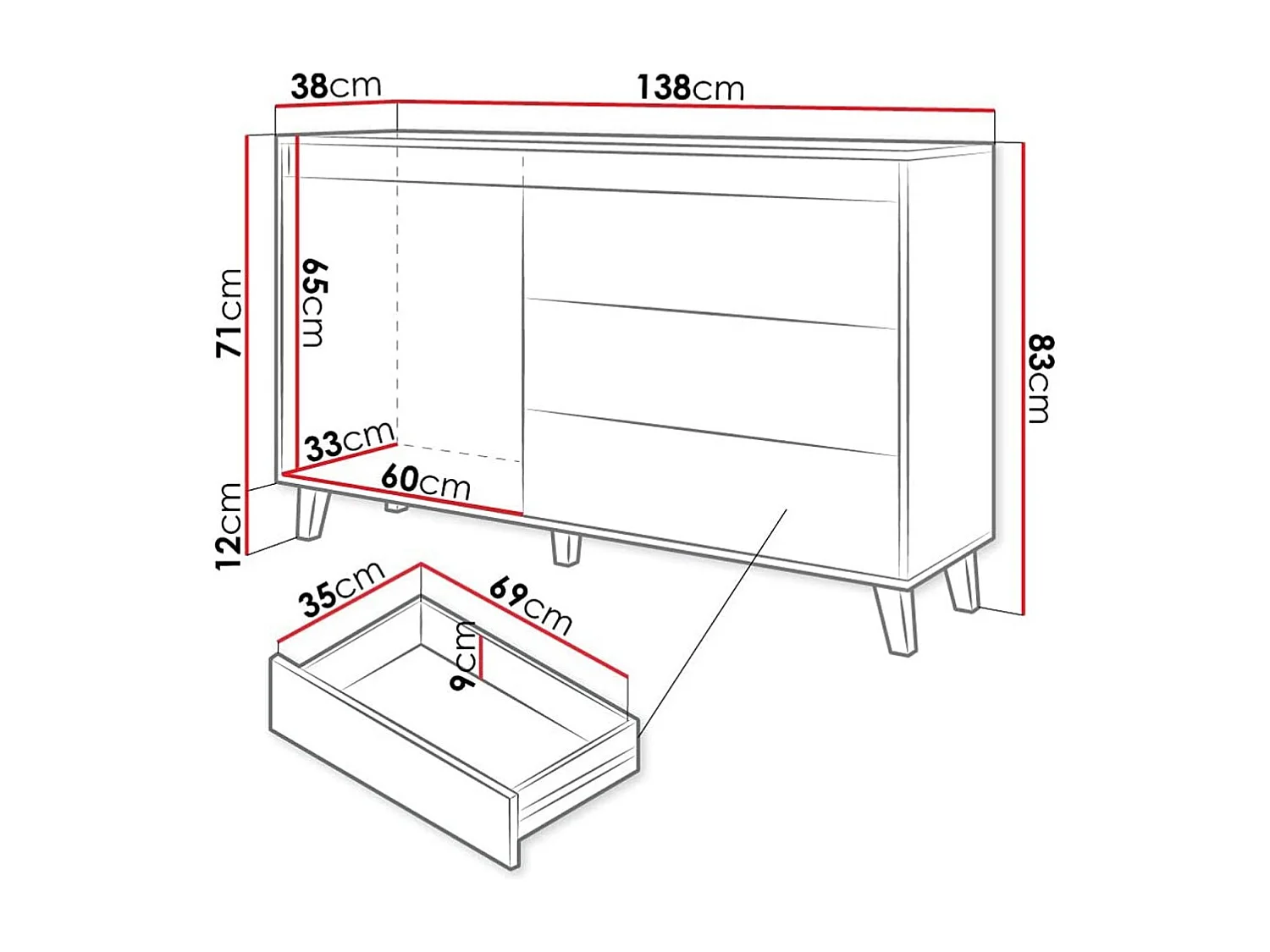 Buffet 1 Porte et 3 Tiroirs Décor Bois et Noir L138cm - MILOR