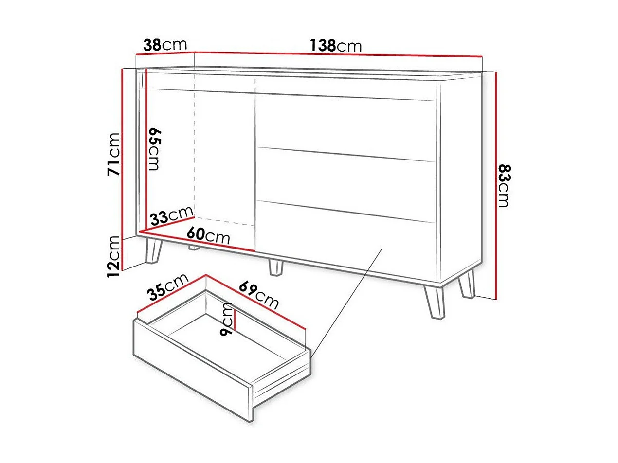 Buffet 1 Porte et 3 Tiroirs Décor Bois et Noir L138cm - MILOR