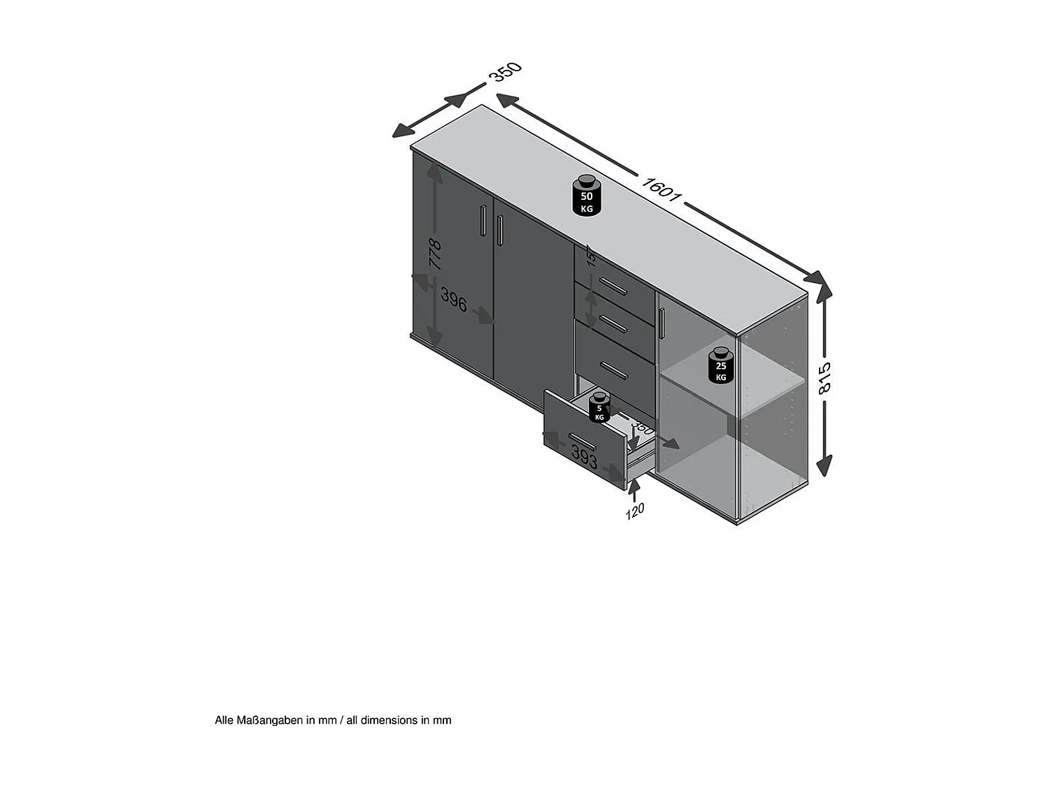Buffet 3 deuren en 4 laden L160 cm Beton en Wit - Albi