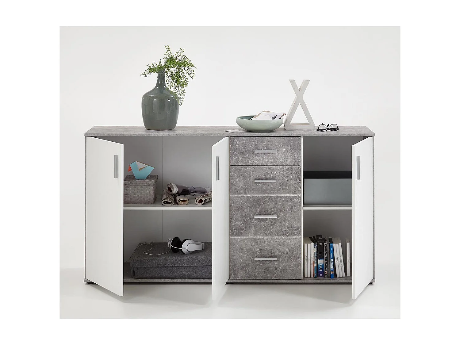Buffet 3 porte e 4 cassetti L160 cm Cemento e Bianco - Albi