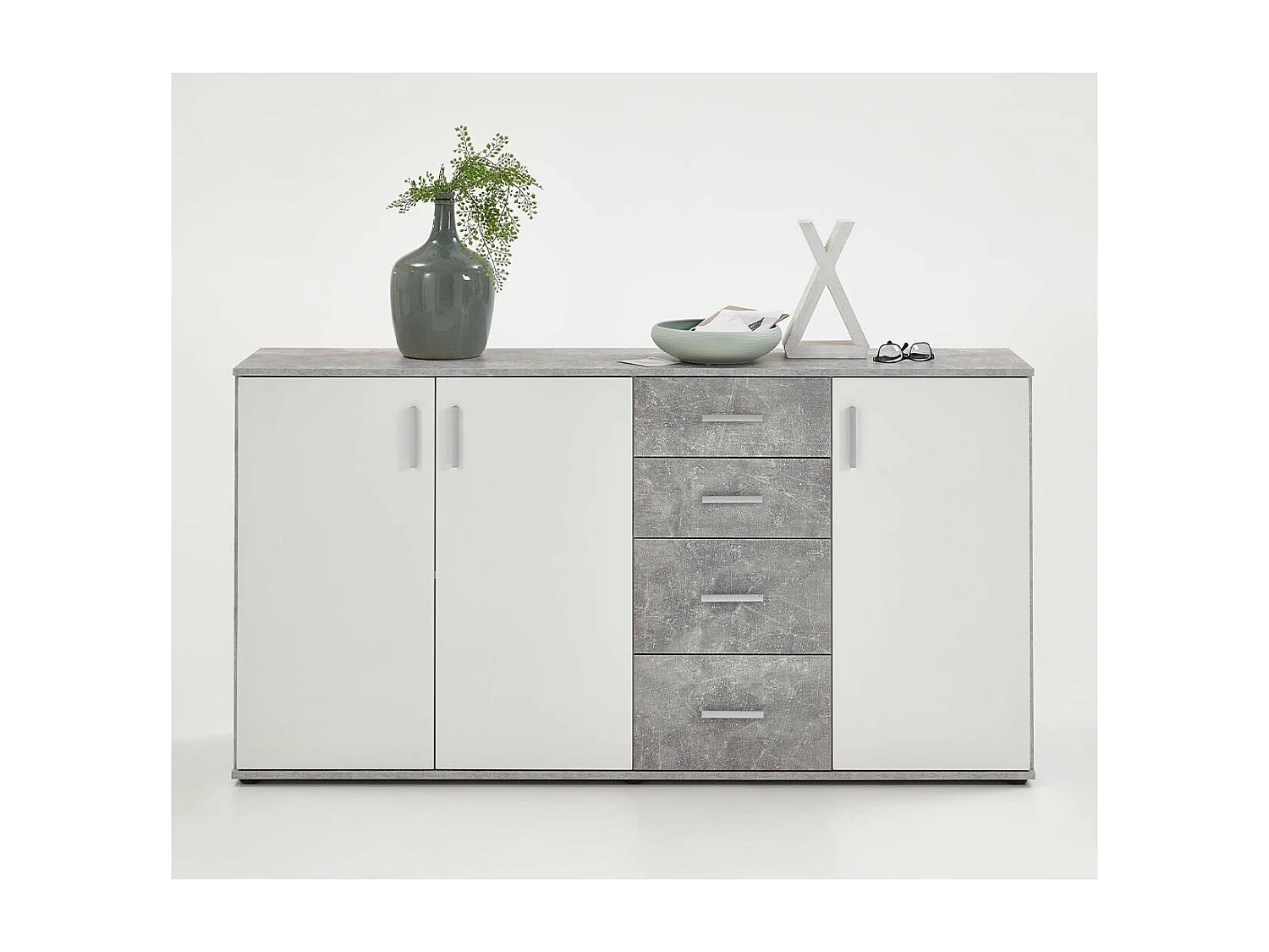Buffet 3 porte e 4 cassetti L160 cm Cemento e Bianco - Albi