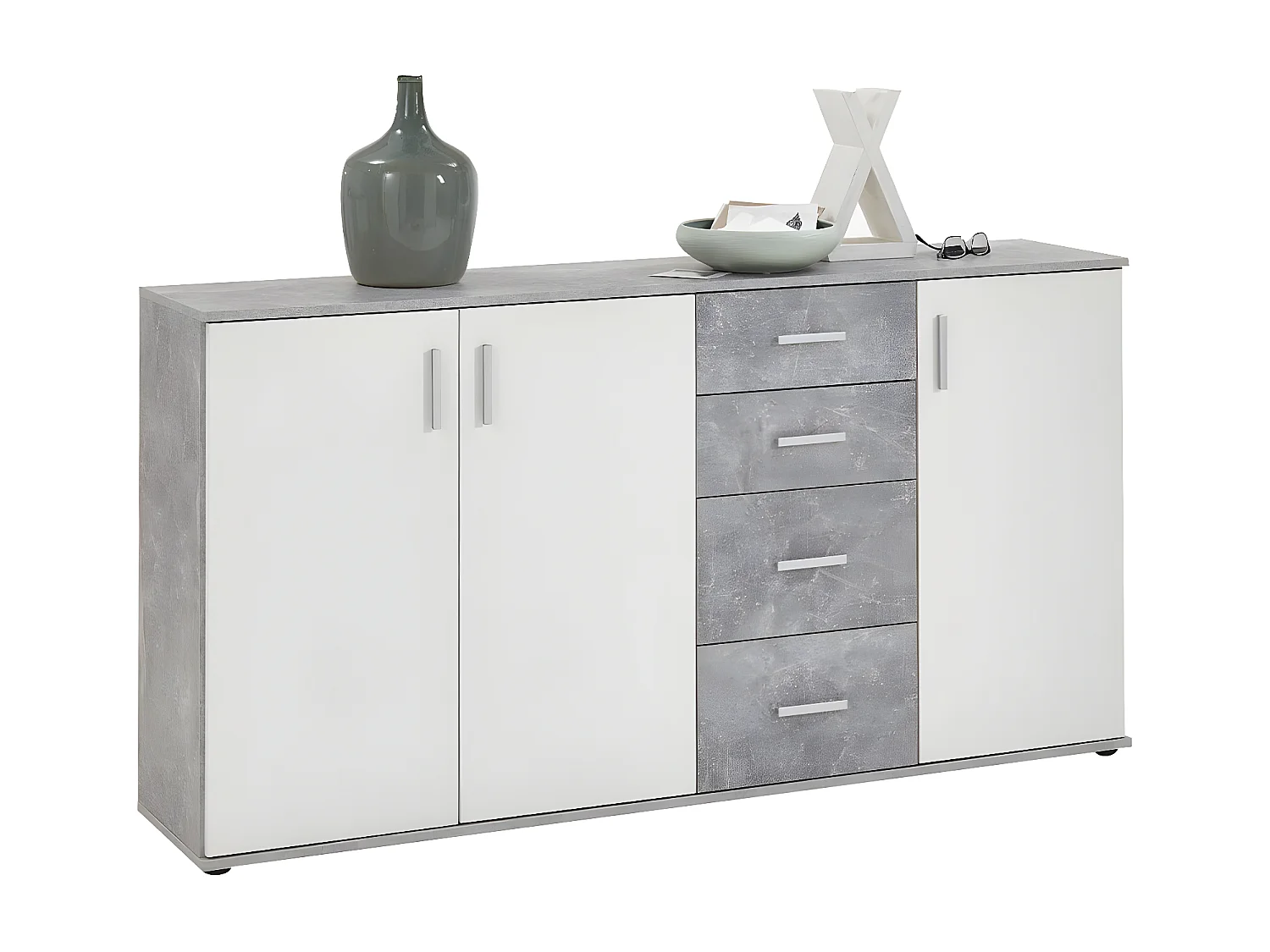 Buffet 3 porte e 4 cassetti L160 cm Cemento e Bianco - Albi