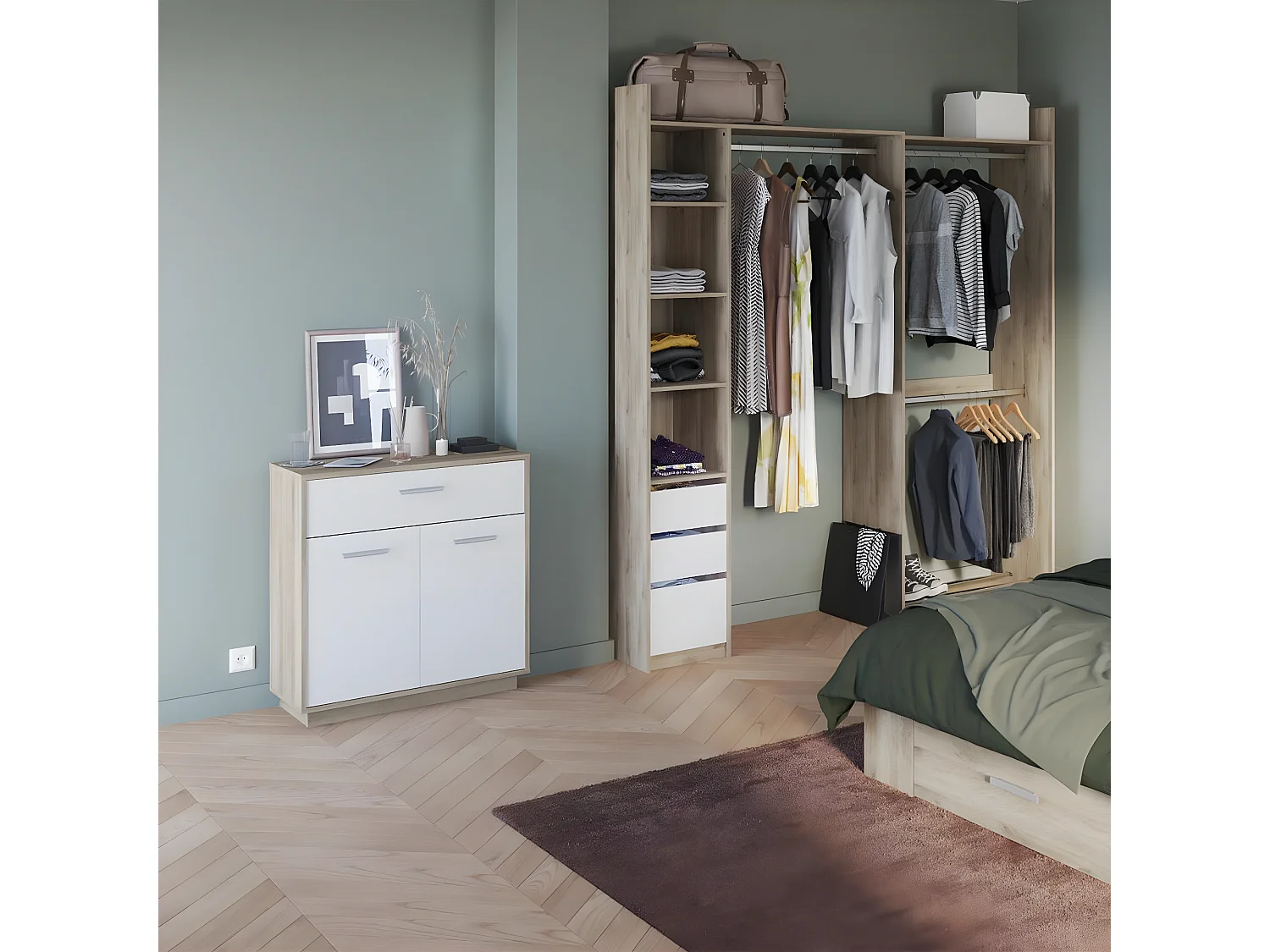 Buffet bajo de 2 puertas 1 cajón, decoración de madera y blanco L78 cm - Léo