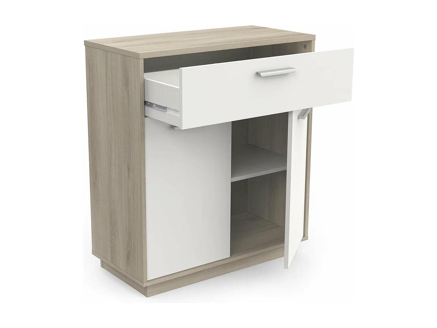 Buffet bajo de 2 puertas 1 cajón, decoración de madera y blanco L78 cm - Léo
