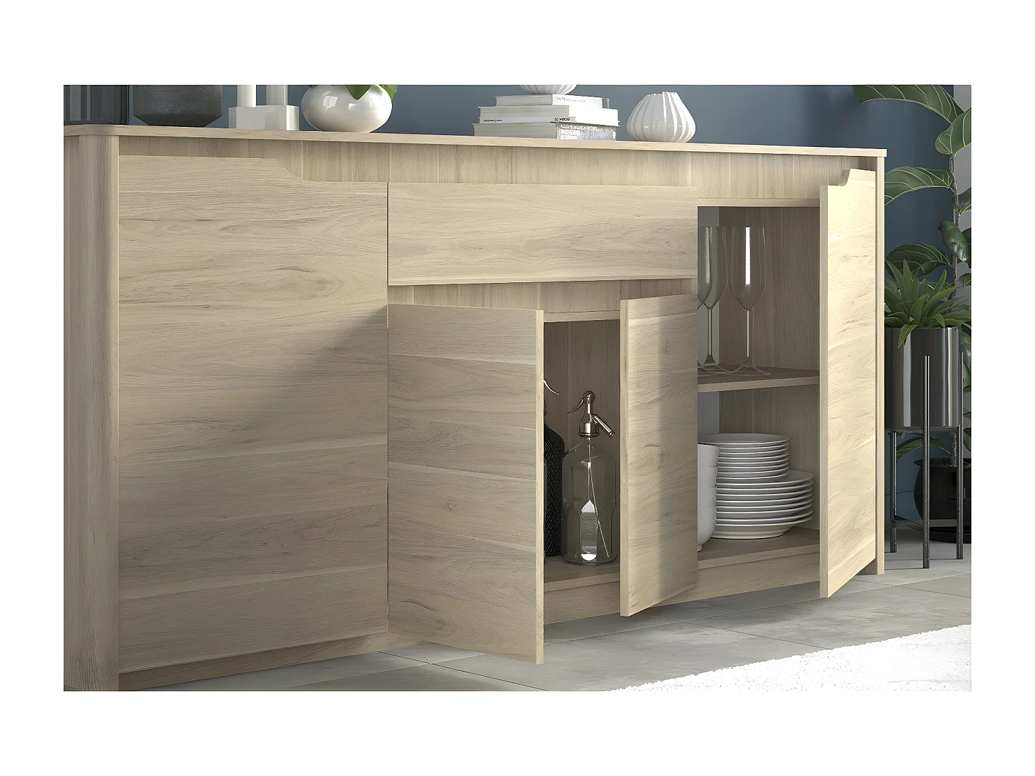 Buffet 4 Portes 1 Tiroir décor Chêne L185 cm - Wendy