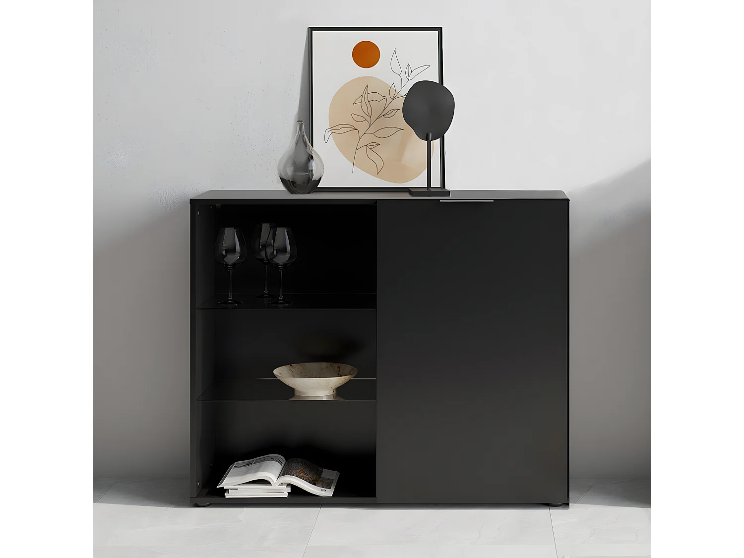 Dressoir met 1 deur en open schappen zwart