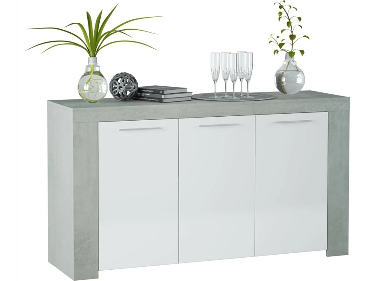 Buffet WENDY 3 portes L144cm - Blanc et béton