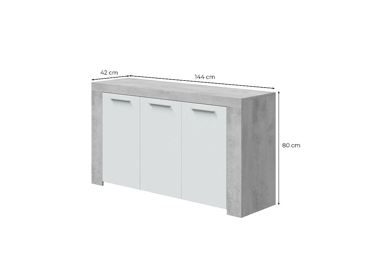 Buffet WENDY 3 portes L144cm - Blanc et béton