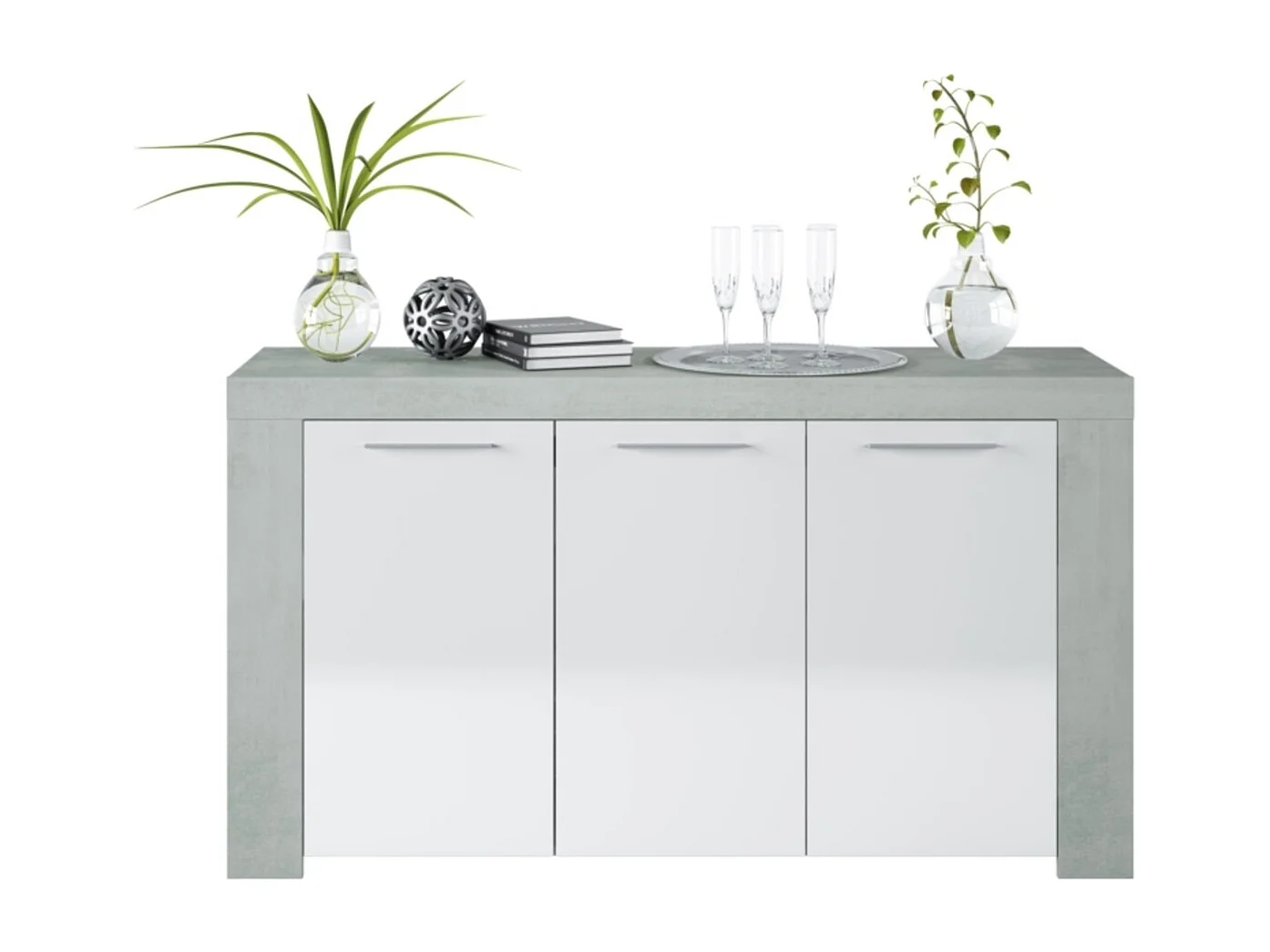 Buffet WENDY 3 portes L144cm - Blanc et béton