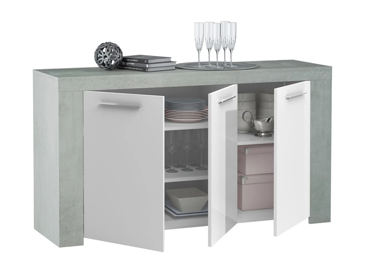 Buffet WENDY 3 portes L144cm - Blanc et béton