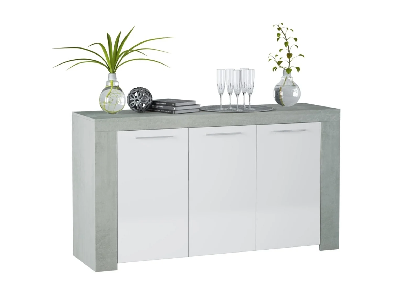 Buffet WENDY 3 portes L144cm - Blanc et béton