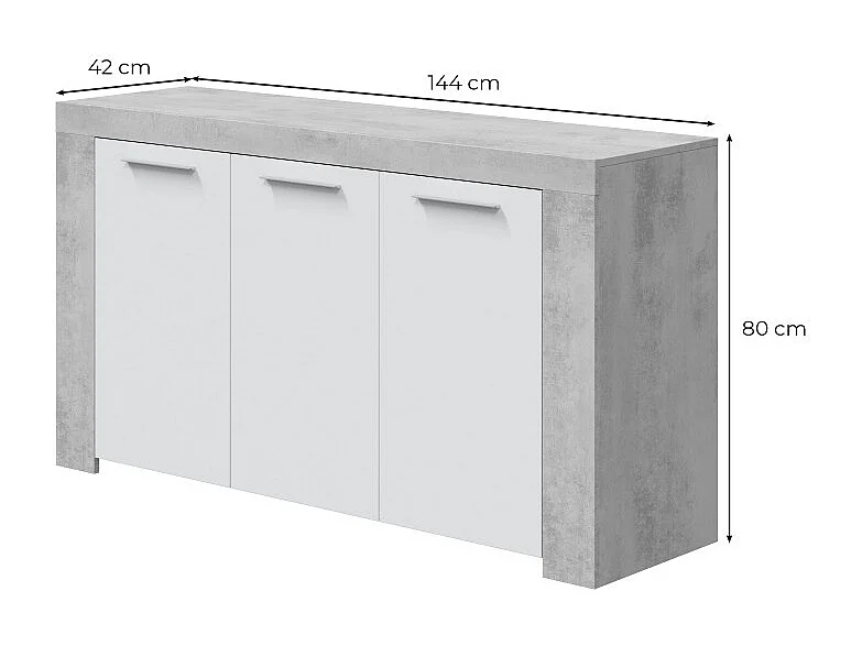 Buffet WENDY 3 portes L144cm - Blanc et béton