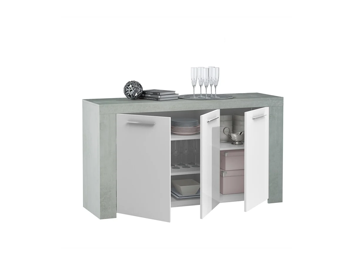 Buffet WENDY 3 ante L144cm - Bianco e cemento, Design moderno, Ampio spazio di archiviazione