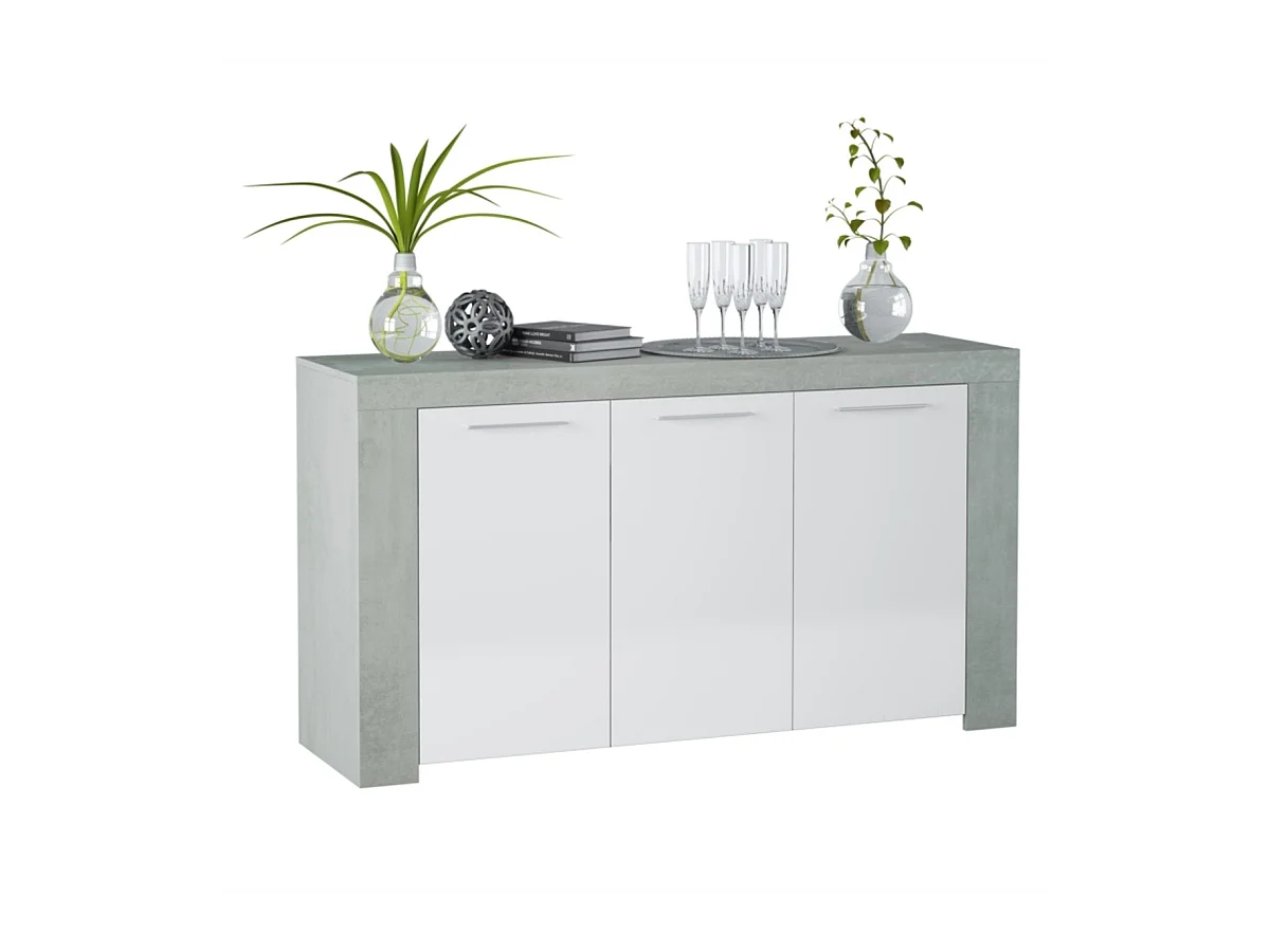 Buffet WENDY 3 ante L144cm - Bianco e cemento, Design moderno, Ampio spazio di archiviazione