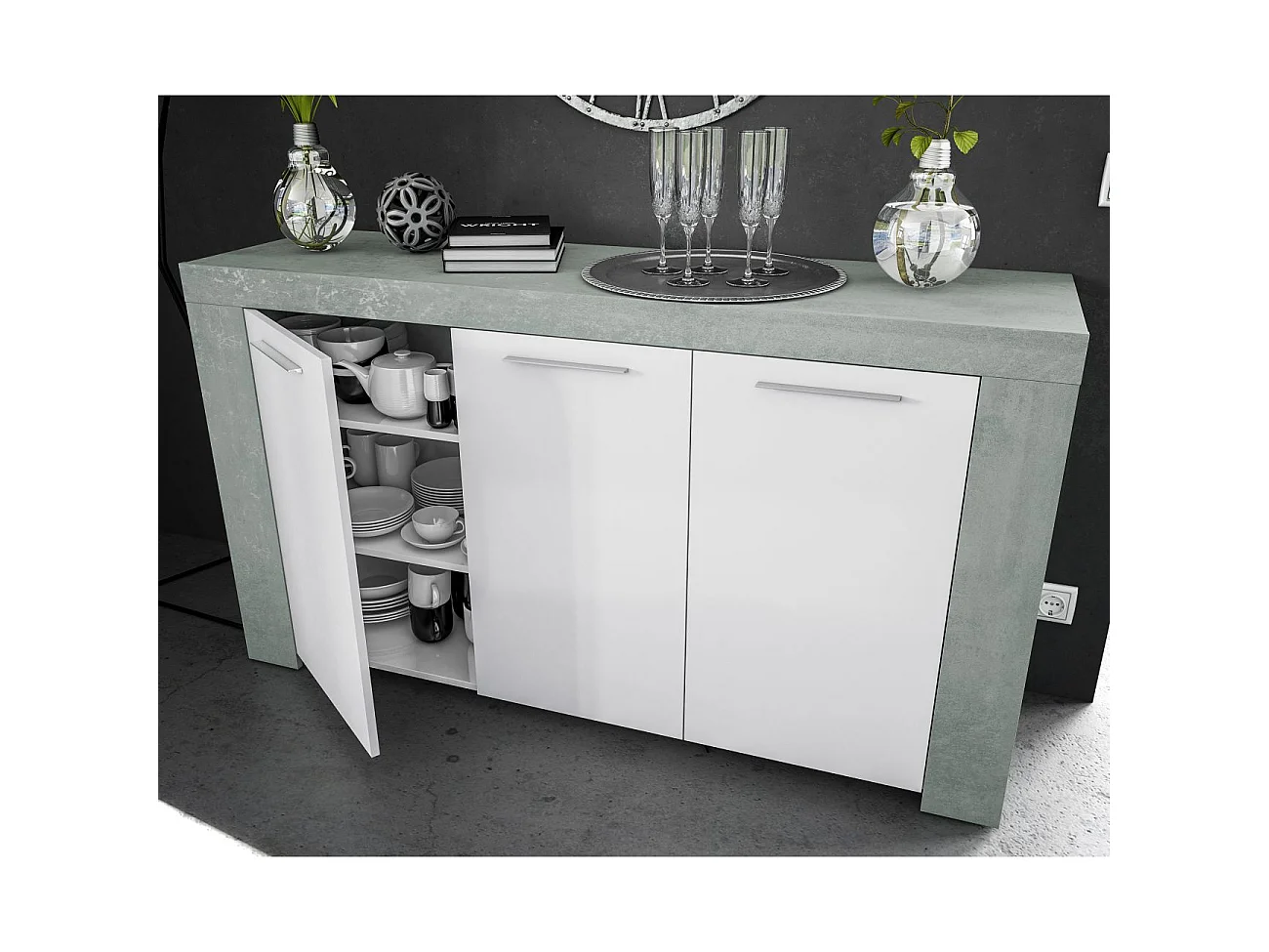 Buffet WENDY 3 ante L144cm - Bianco e cemento, Design moderno, Ampio spazio di archiviazione
