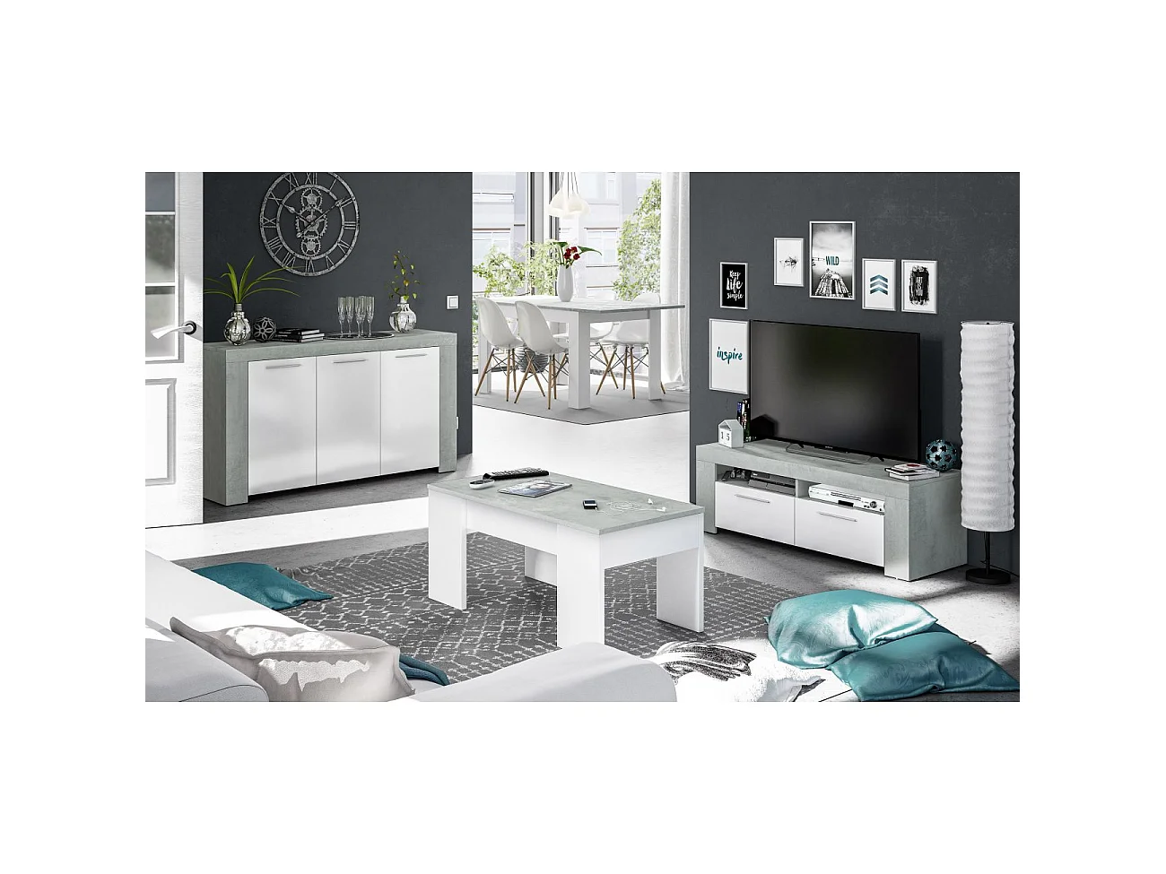 Buffet WENDY 3 ante L144cm - Bianco e cemento, Design moderno, Ampio spazio di archiviazione